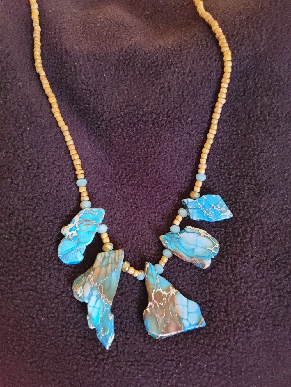 Blue Turquoise Chip Necklace with Tan Bead Strand